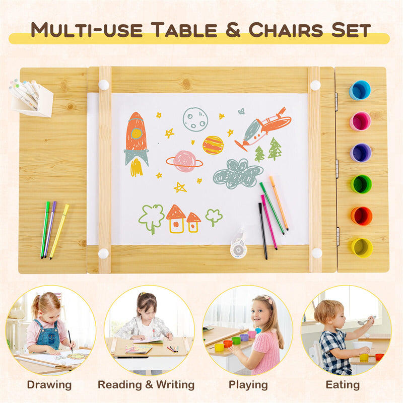 2-in-1 Kids Craft Table and Chair Wooden Art & Activity Table with Paper Roller, 6 Paint Cups & 6 Storage Bins
