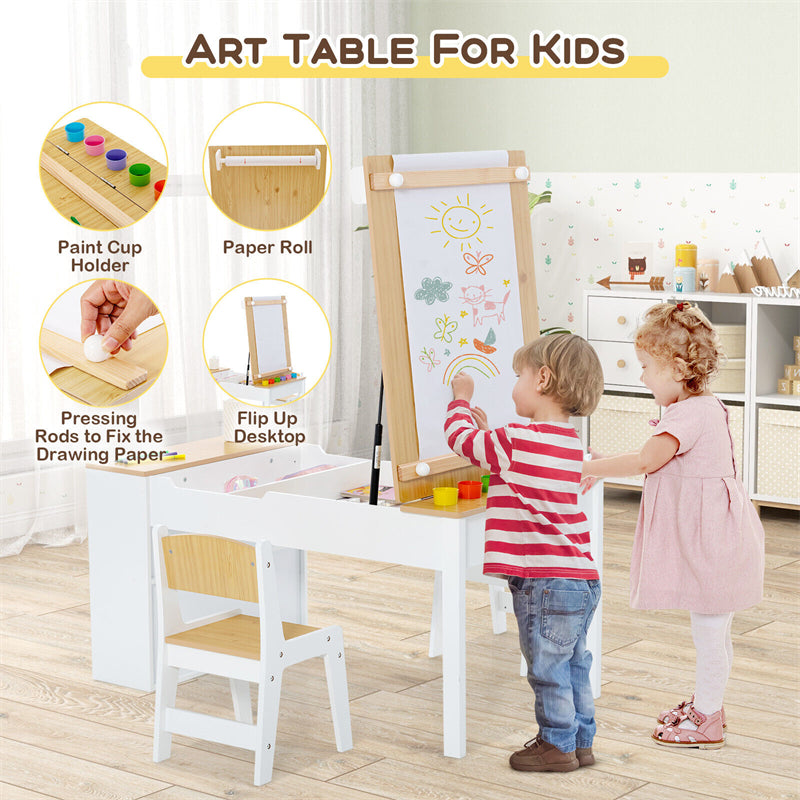 2-in-1 Kids Craft Table and Chair Wooden Art & Activity Table with Paper Roller, 6 Paint Cups & 6 Storage Bins