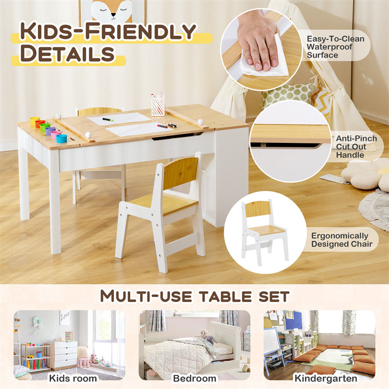 2-in-1 Kids Craft Table and Chair Wooden Art & Activity Table with Paper Roller, 6 Paint Cups & 6 Storage Bins