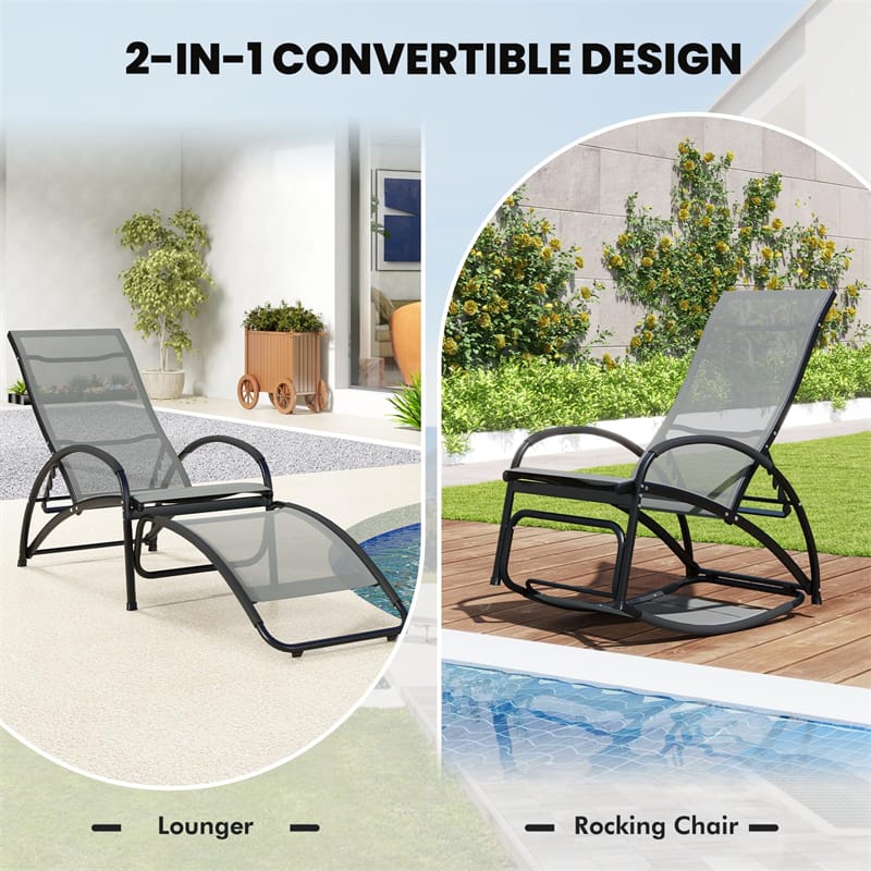 2-in-1 Outdoor Rocking Chair Fabric Patio Convertible Lounge Chair with 4-Position Adjustable Backrest, Curved Armrests, Aluminum Frame