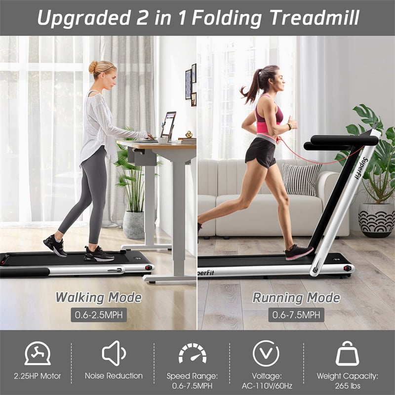 2-in-1 Under Desk Treadmill 2.5HP Superfit Folding Treadmill Walking Jogging Machine Dual Display Screen with APP Control for Home Office