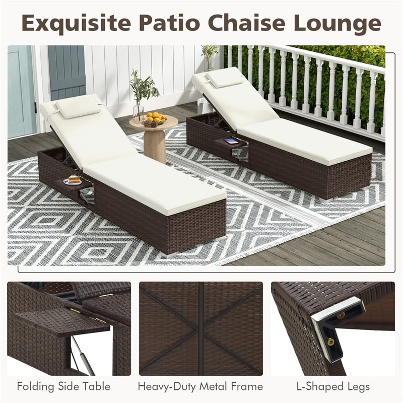 2 Pack Patio Chaise Lounge Outdoor Rattan Lounge Chair Metal Frame Reclining Pool Chair with 6-Level Adjustable Backrest, Cushions, Headrests