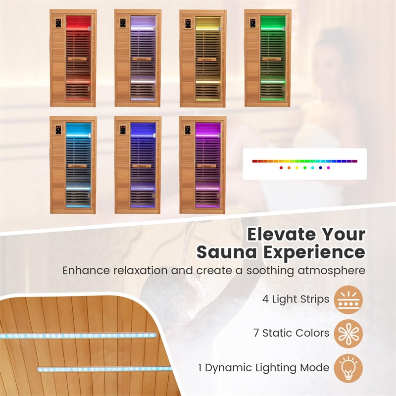 1-2 Person Far Infrared Wooden Sauna Room Canadian Hemlock Indoor Low EMF Sauna for Home with 9 Carbon Heaters, Oxygen Ionizer, Bluetooth Speakers