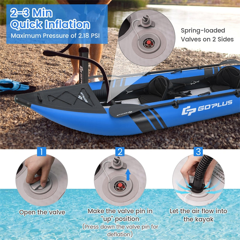 2-Person Inflatable Kayak Set EVA Padded Seat Portable Touring Kayaks with 2 Aluminium Oars, 2 Fins & Hand Pump