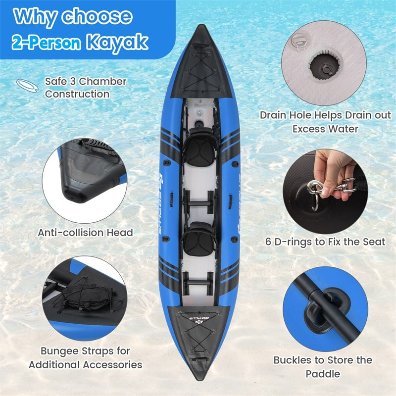 2-Person Inflatable Kayak Set EVA Padded Seat Portable Touring Kayaks with 2 Aluminium Oars, 2 Fins & Hand Pump