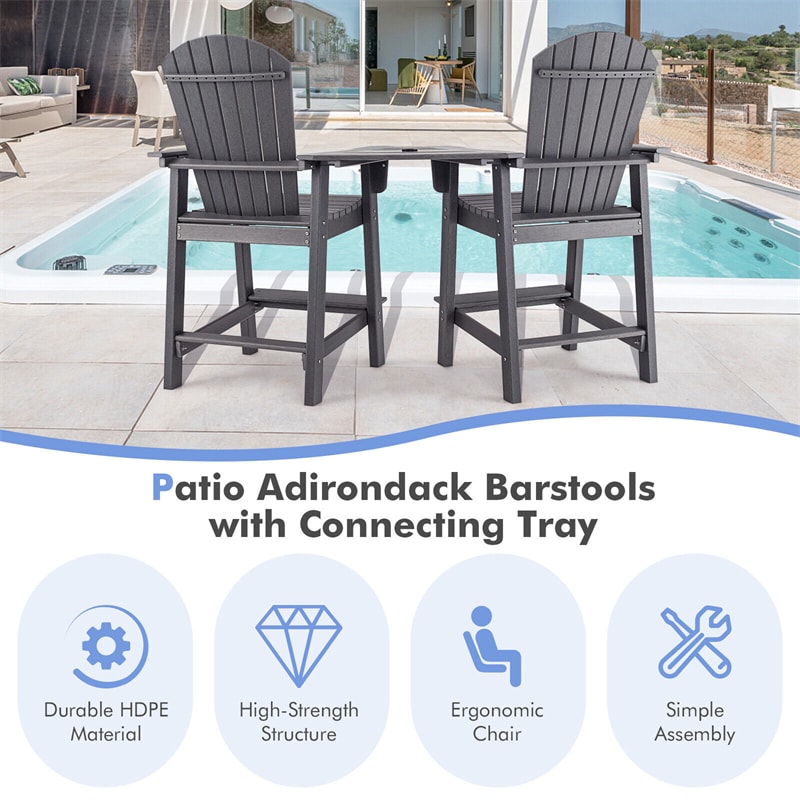 2-Piece HDPE Tall Adirondack Chairs Weather Resistant Barstools with Middle Connecting Tray & Umbrella Hole