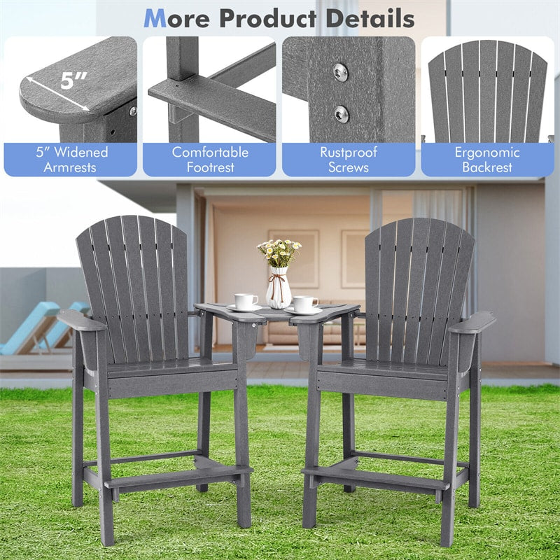 2-Piece HDPE Tall Adirondack Chairs Weather Resistant Barstools with Middle Connecting Tray & Umbrella Hole