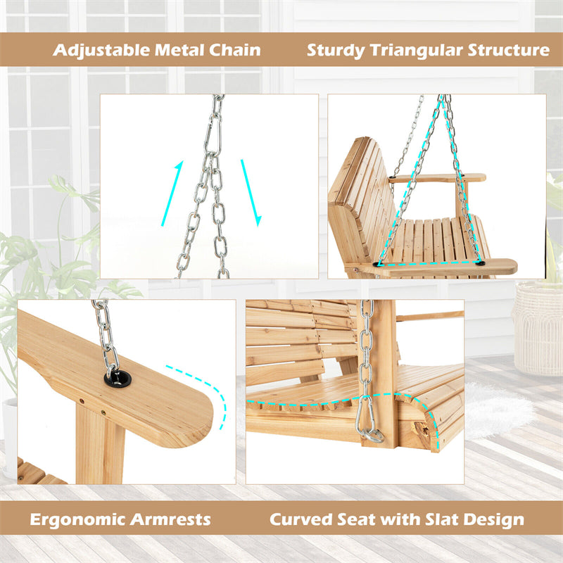 2-Seat Wooden Porch Swing Garden Hanging Swing Bench with Adjustable Chains, Folding Cup Holders, High Backrest & Armrests