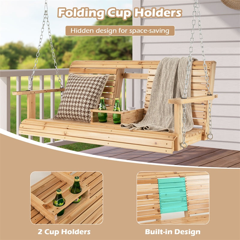 2-Seat Wooden Porch Swing Garden Hanging Swing Bench with Adjustable Chains, Folding Cup Holders, High Backrest & Armrests