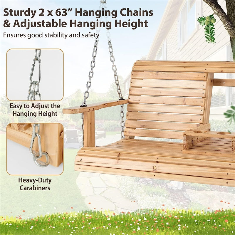 2-Seat Wooden Porch Swing Garden Hanging Swing Bench with Adjustable Chains, Folding Cup Holders, High Backrest & Armrests