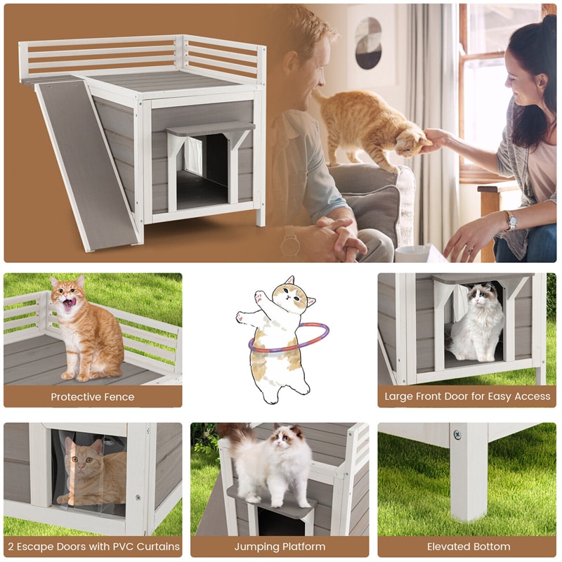2-Story Outdoor Cat House Weatherproof Wooden Cat Shelter with Escape Doors PVC Curtains Side Ladder