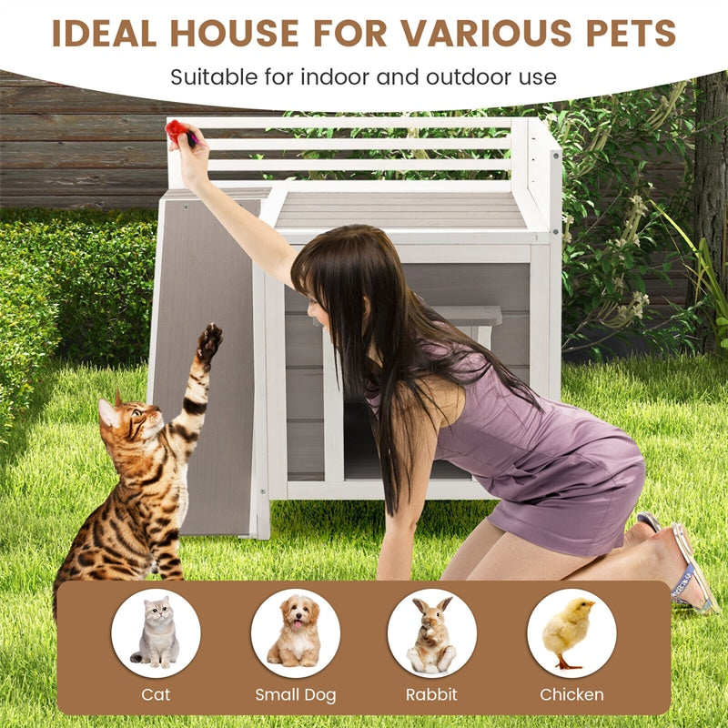2-Story Outdoor Cat House Weatherproof Wooden Cat Shelter with Escape Doors PVC Curtains Side Ladder