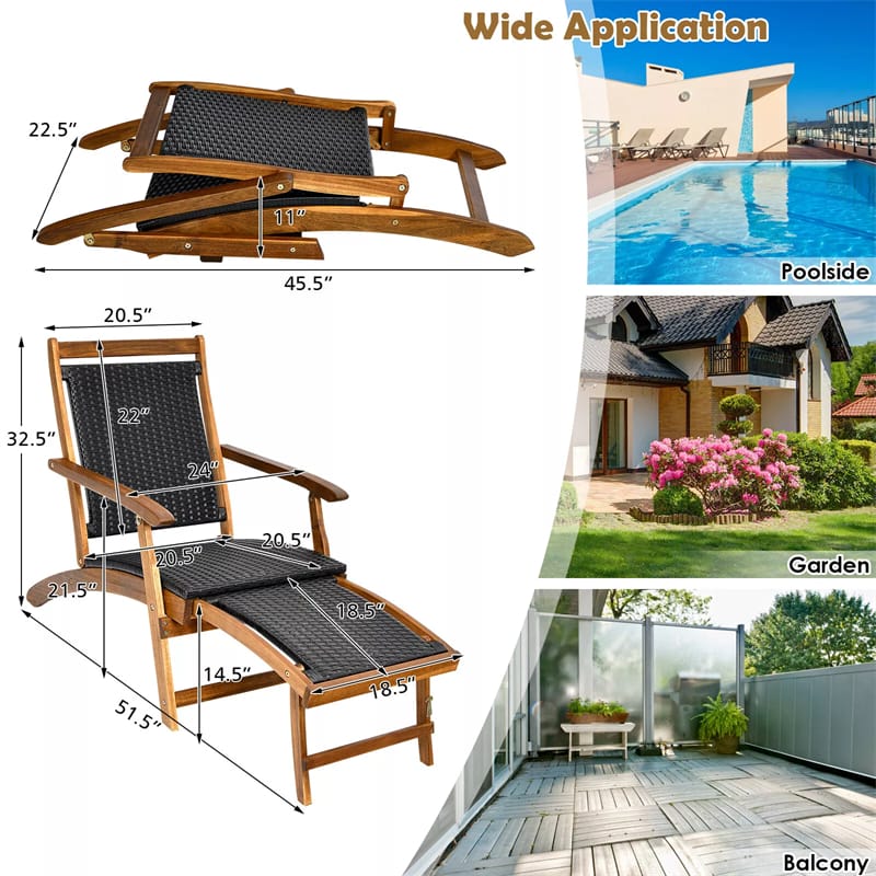 2pcs Outdoor Acacia Wood Folding Wicker Chaise Lounge Patio Lounge Chair with Retractable Footrest