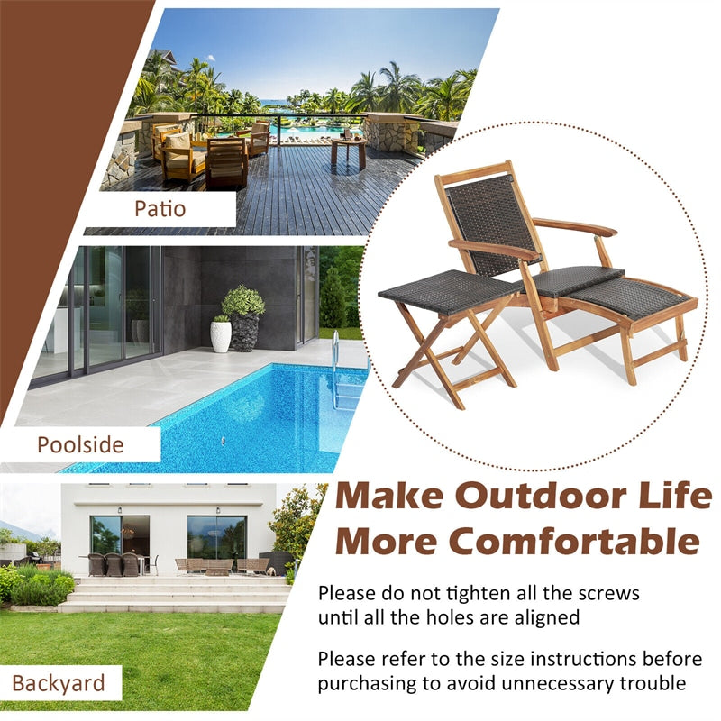 2Pcs Acacia Wood Folding Wicker Patio Lounge Chair Side Table Set with Retractable Footrest