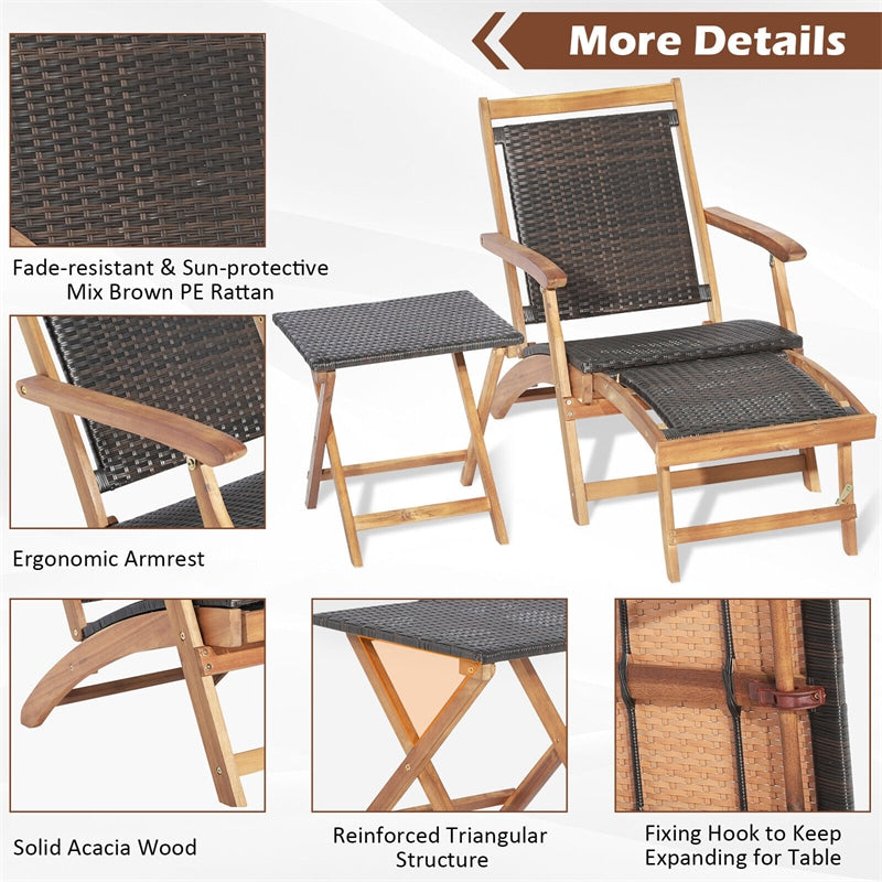 2Pcs Acacia Wood Folding Wicker Patio Lounge Chair Side Table Set with Retractable Footrest