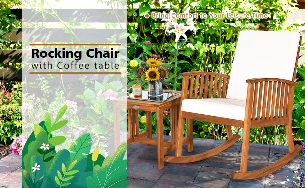 2-Piece Outdoor Rocking Bistro Set Acacia Wood Garden Patio Rocking Chair with Tea Table, Detachable Back & Seat Cushions