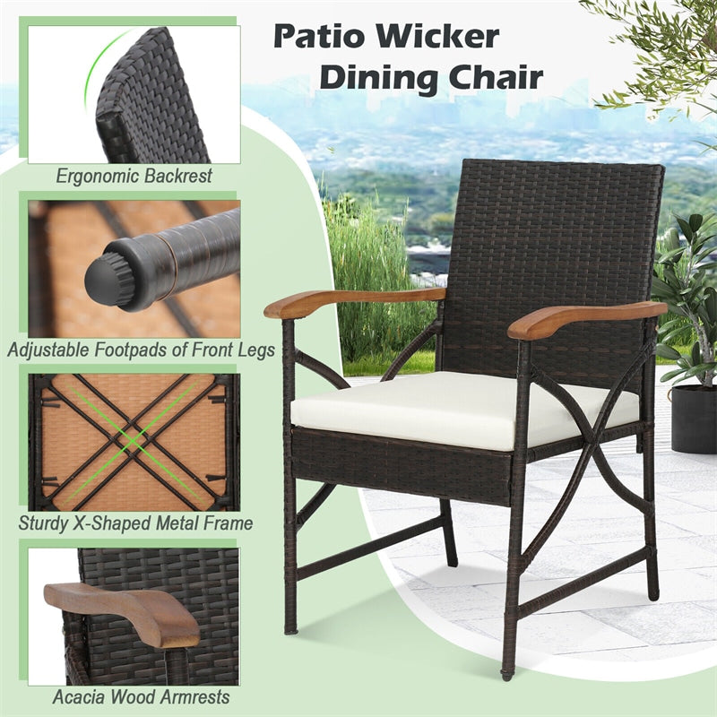 2pcs All-Weather Wicker Patio Dining Chairs Outdoor PE Rattan Armchairs with Soft Cushions & Heavy-Duty Metal Frame