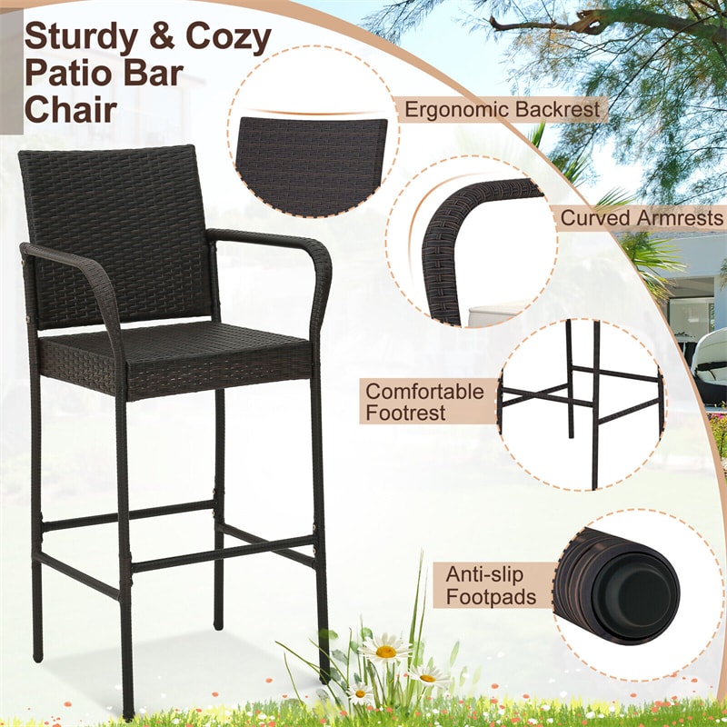 Bestoutdor 2 Pcs Patio PE Wicker Bar Chairs Counter Height Barstools with Armrests & Soft Cushions