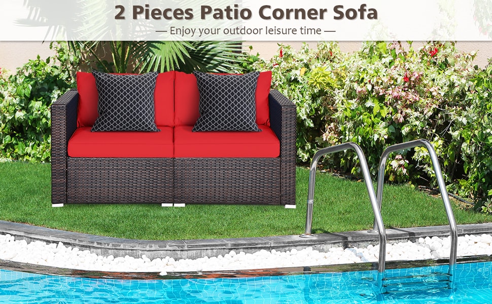 2 PCS Patio Rattan Sectional Corner Sofa Furniture Set Wicker Outdoor Loveseat with Cushions for Balcony Poolside Deck
