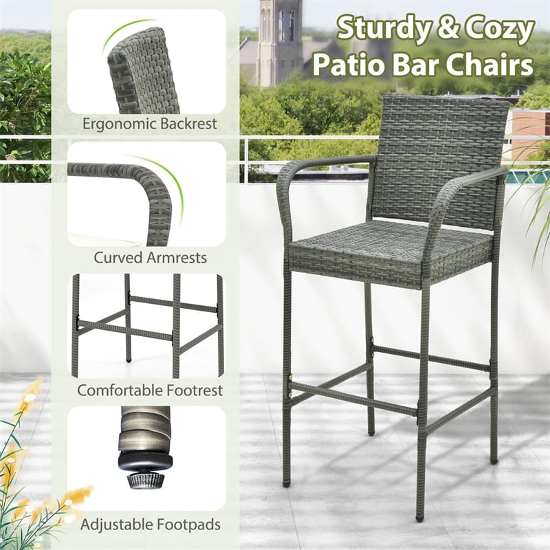 Patio Wicker Bar Stools Set of 2 Heavy Duty Frame Outdoor PE Rattan Bar Chairs 29.5" High Back Barstools with Armrests & Soft Cushions