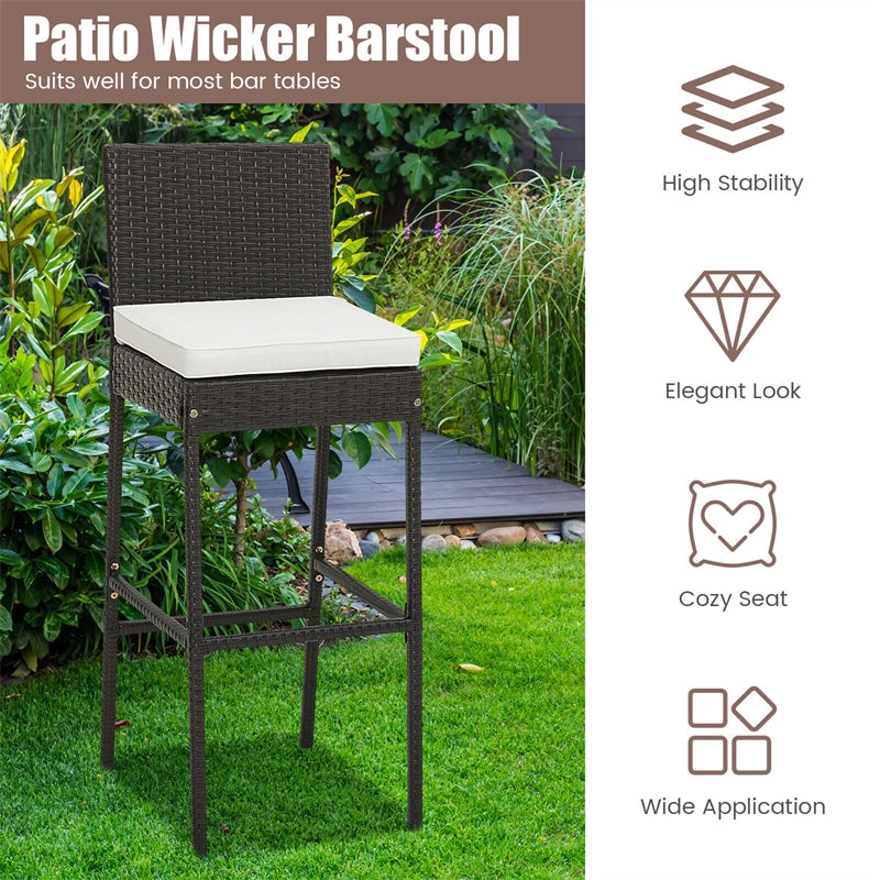 2 PCS Patio Wicker Barstools Outdoor Bar Height Chairs Heavy-Duty Metal Frame with Soft Seat Cushions & Footrests