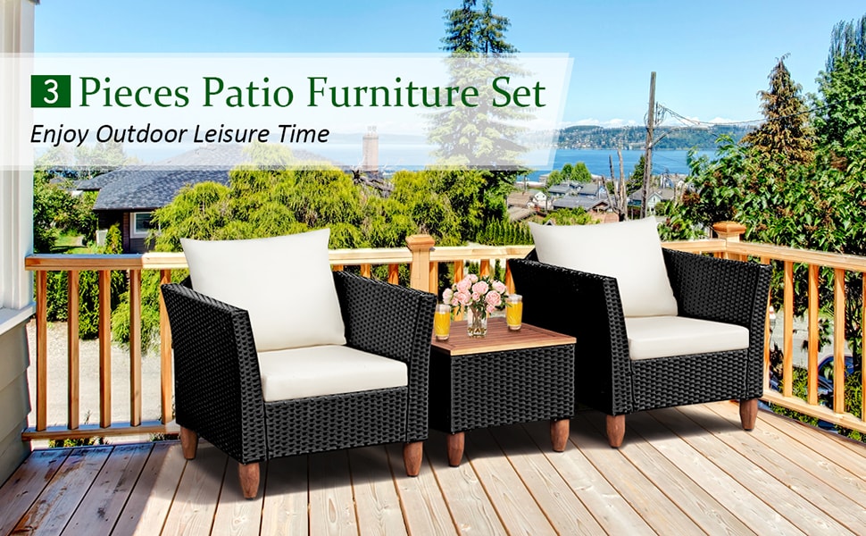 3-Piece Rattan Bistro Sofa Set Patio Furniture Set with Washable Cushions