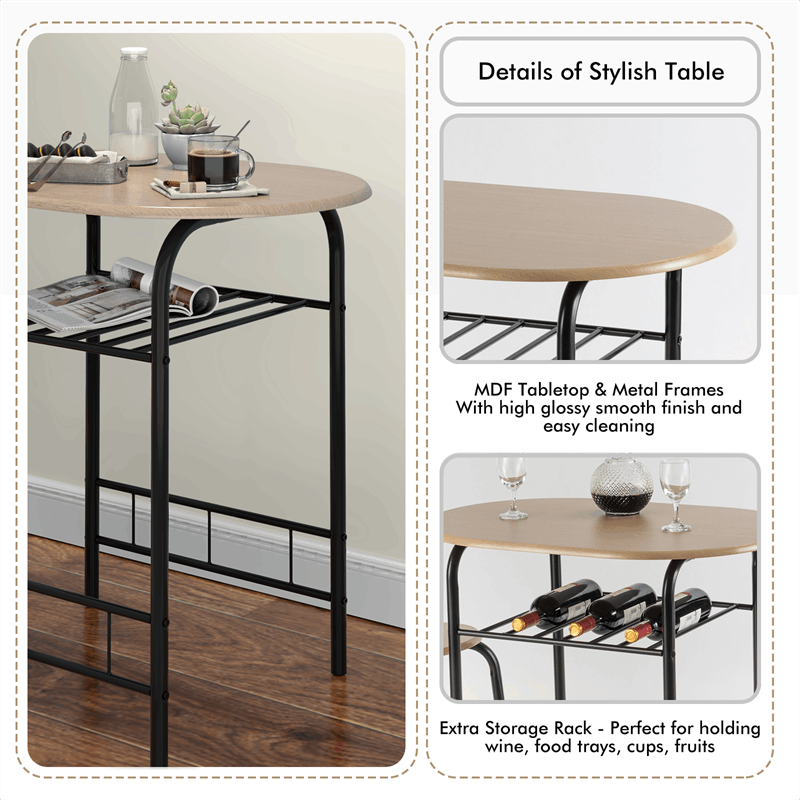 3-Piece Space-Saver Bistro Set Dining Table Chair Set with Shelf Storage