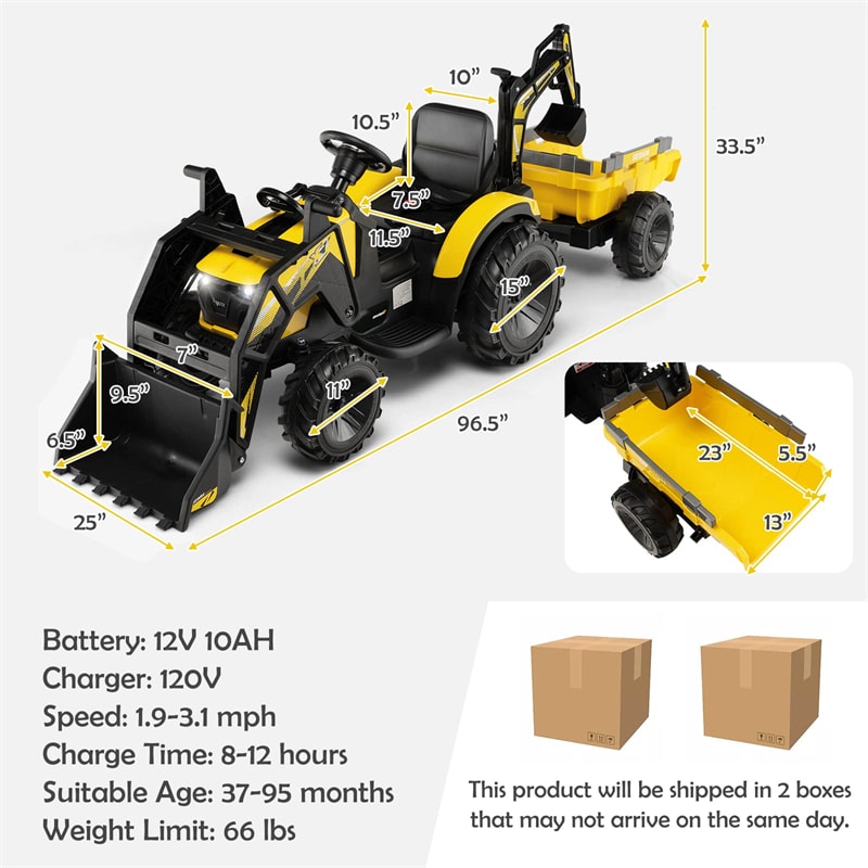 3-in-1 Kids Ride on Tractor Excavator Bulldozer 12V Battery Powered Electric Vehicle