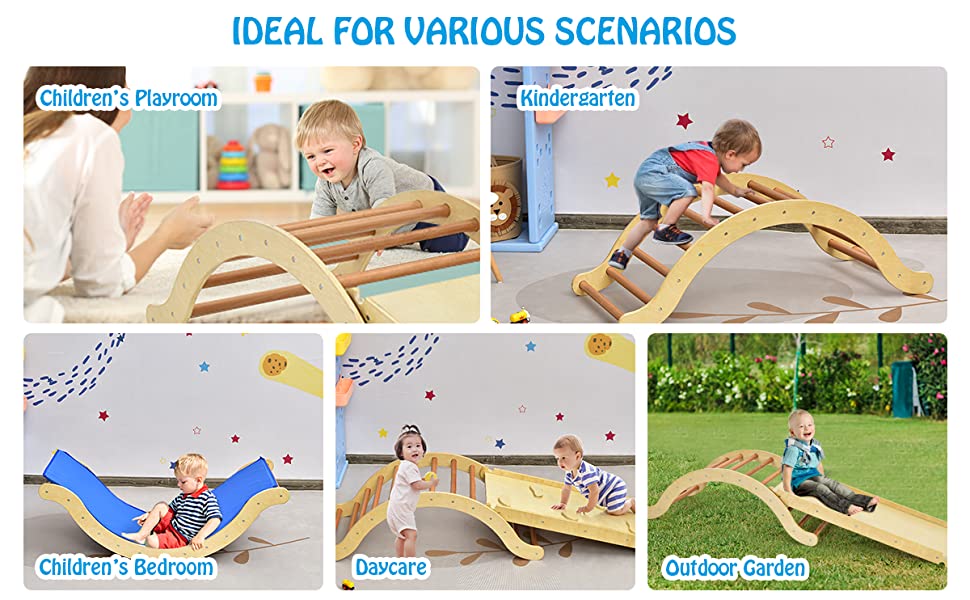 3-in-1 Toddlers Climbing Toys Montessori Wooden Arch Climber Ladder Rocker with Ramp & Padding