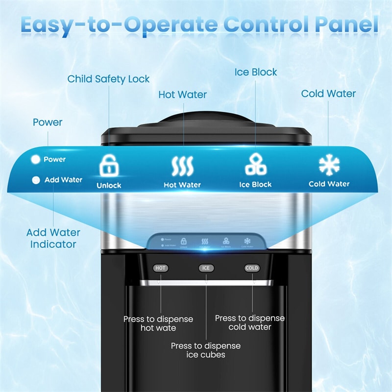3-in-1 Water Dispenser with Ice Maker & Child Safety Lock for Home