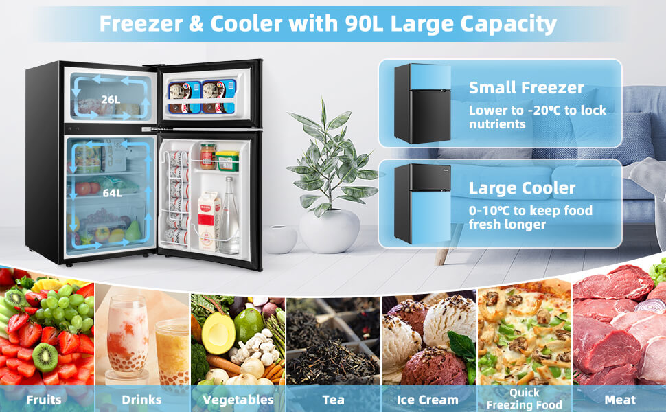 3.2 cu ft. Stainless Steel Compact Refrigerator 2-Door Mini Fridge Freezer Cooler for Dorm Office Apartment