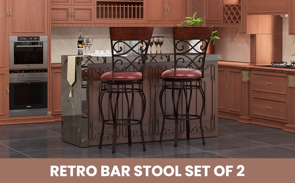 360° Swivel Bar Stools Set of 2, 30" Bar Height Barstools Leather Padded Seat Bistro Dining Kitchen Pub Metal Chairs with High Back