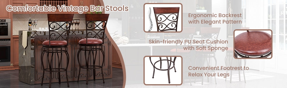 360° Swivel Bar Stools Set of 2, 30" Bar Height Barstools Leather Padded Seat Bistro Dining Kitchen Pub Metal Chairs with High Back