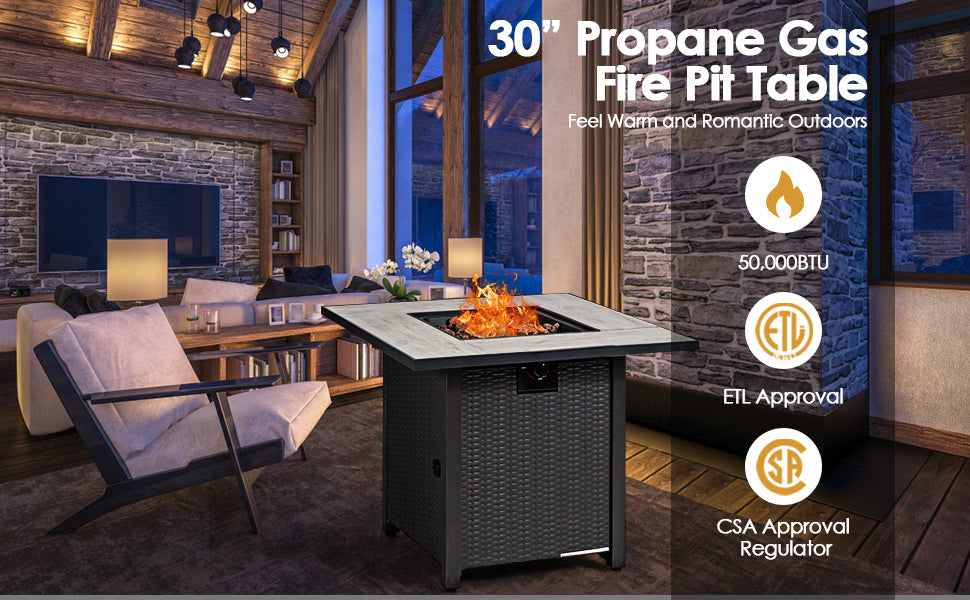 30" Square Outdoor Propane Fire Pit Table 50,000 BTU Gas Fire Pit Table with Ceramic Tabletop & Waterproof Cover