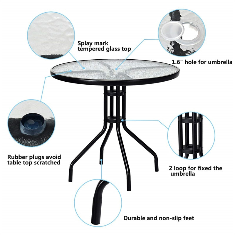 32" Round Outdoor Dining Table All Weather Patio Side Table with Umbrella Hole, Tempered Glass Top & Steel Frame