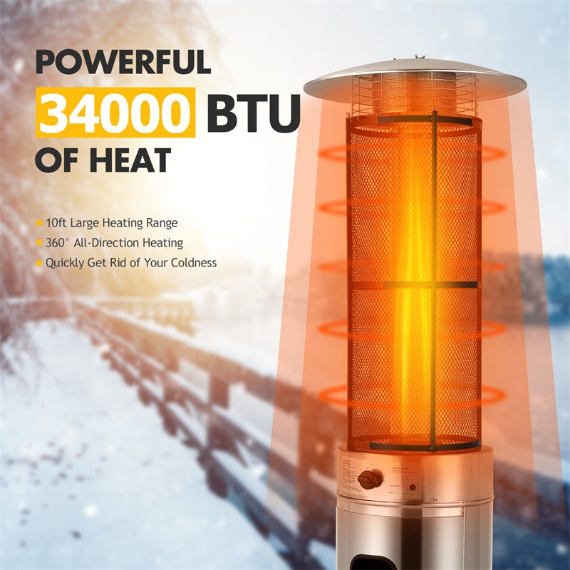 34000 BTU Stainless Steel Propane Patio Heater Standing Round Glass Tube Outdoor Heater with Wheels