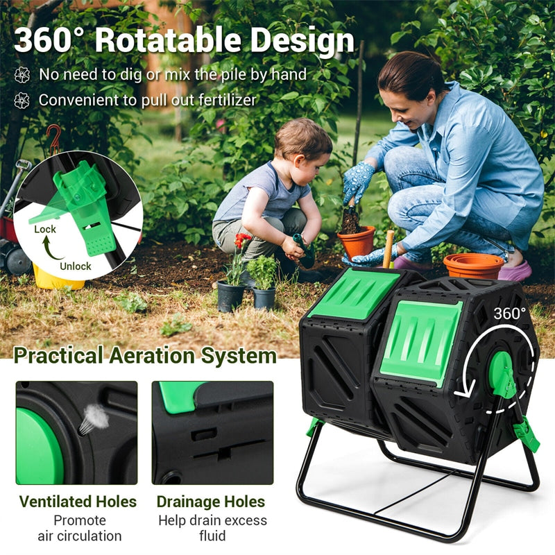 34.5 Gallon Dual Chamber Compost Tumbler High-Volume Outdoor Garden Rotating Compost Bin with Sliding Doors