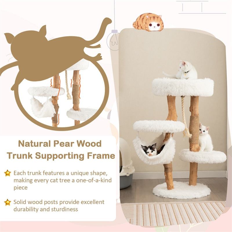 34" Tall Modern Cat Tree Solid Wood Cat Tower Multi-Layer Cat Activity Center with Warm Hammock, Cozy Top Perch, 2 Side Platforms & Jute Scratching Posts
