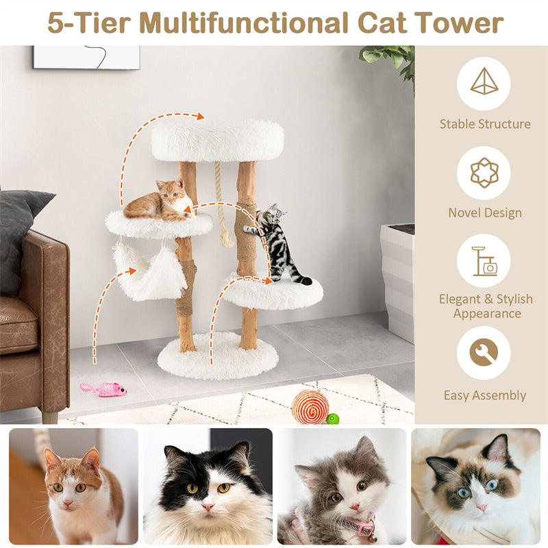 34" Tall Modern Cat Tree Solid Wood Cat Tower Multi-Layer Cat Activity Center with Warm Hammock, Cozy Top Perch, 2 Side Platforms & Jute Scratching Posts