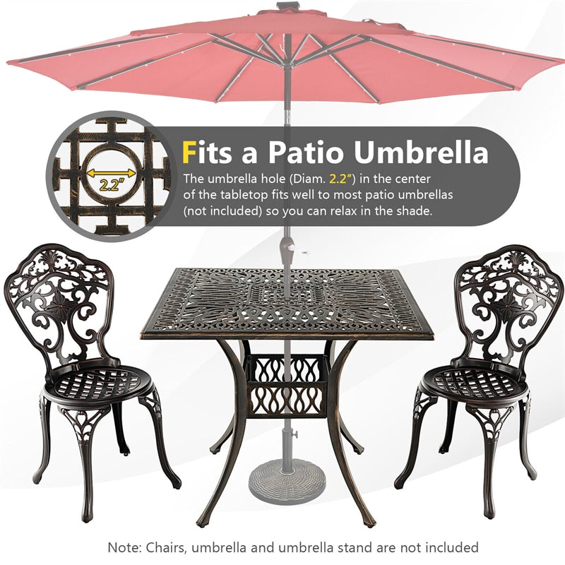 35.4" Square Patio Dining Table All-weather Cast Aluminum Outdoor Table with 2.2" Umbrella Hole for Garden Backyard Poolside