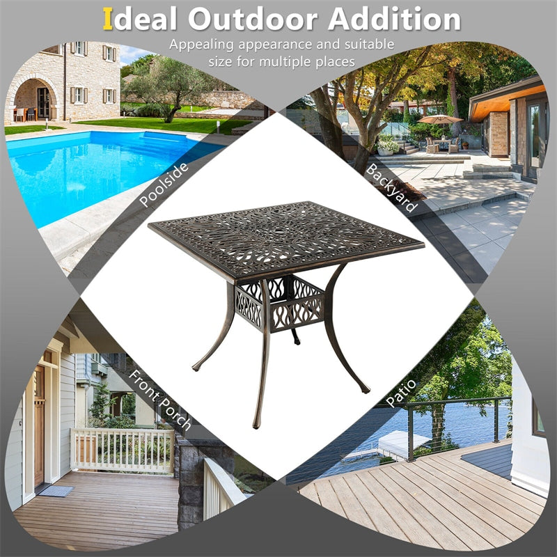 35.4" Square Patio Dining Table All-weather Cast Aluminum Outdoor Table with 2.2" Umbrella Hole for Garden Backyard Poolside