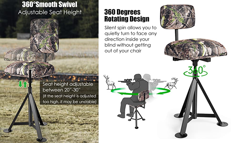 360° Swivel Camo Hunting Chair Tripod Blind Stool Huntsman Chair with Detachable Backrest