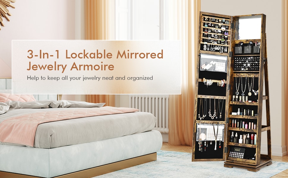 360° Swivel Jewelry Armoire Standing Lockable Jewelry Cabinet Organizer with Higher Full Length Mirror & Rear Storage Shelves