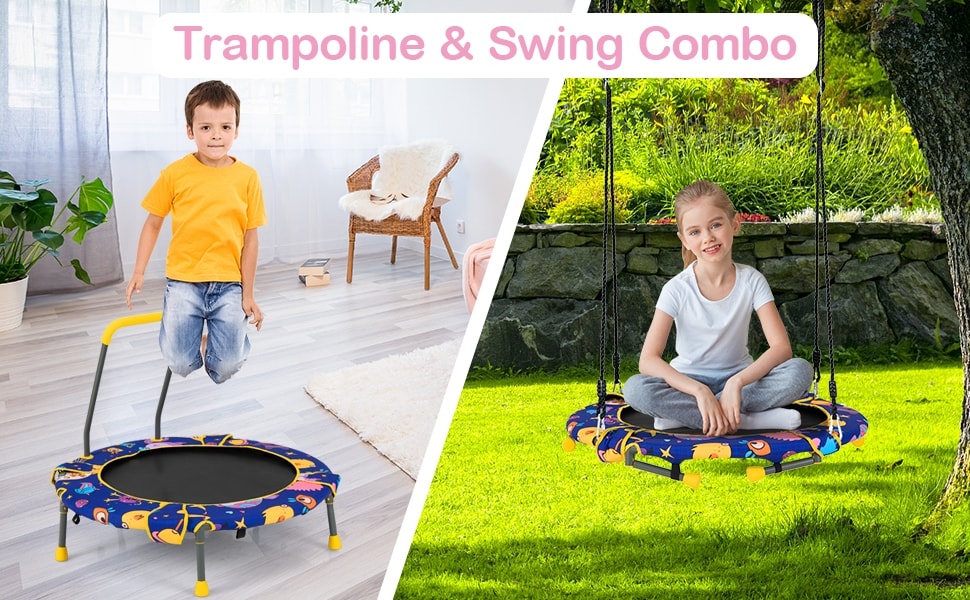 36" Foldable Mini Trampoline 2 in 1 Kids Trampoline Saucer Swing Combo with Bluetooth Audio LED Lights & Detachable Handrail