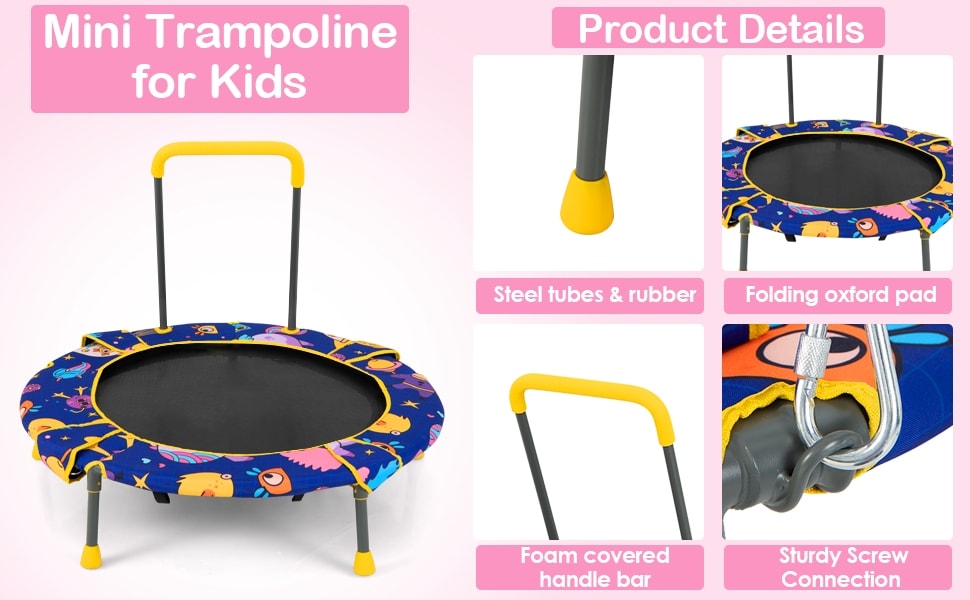 36" Foldable Mini Trampoline 2 in 1 Kids Trampoline Saucer Swing Combo with Bluetooth Audio LED Lights & Detachable Handrail