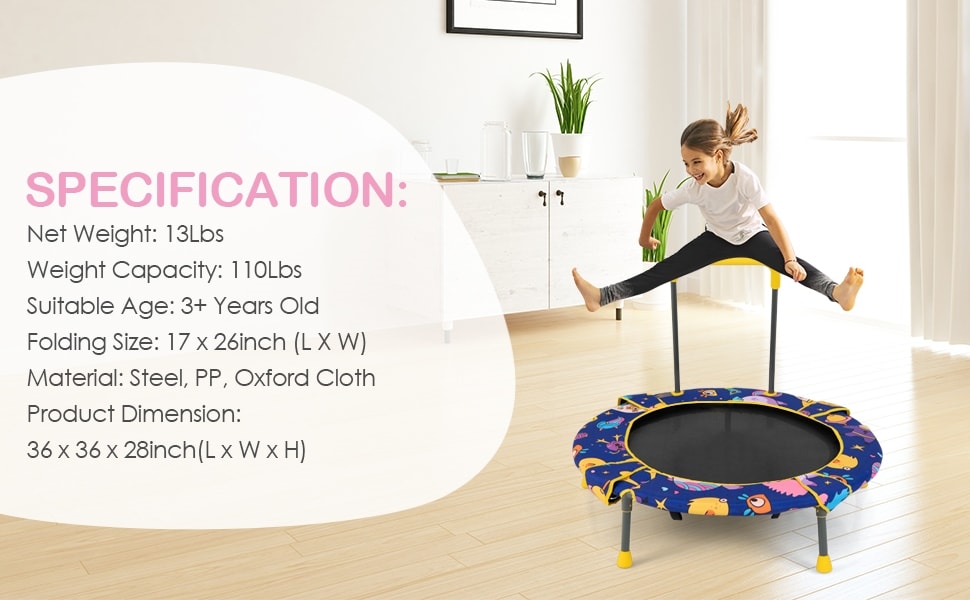 36" Foldable Mini Trampoline 2 in 1 Kids Trampoline Saucer Swing Combo with Bluetooth Audio LED Lights & Detachable Handrail