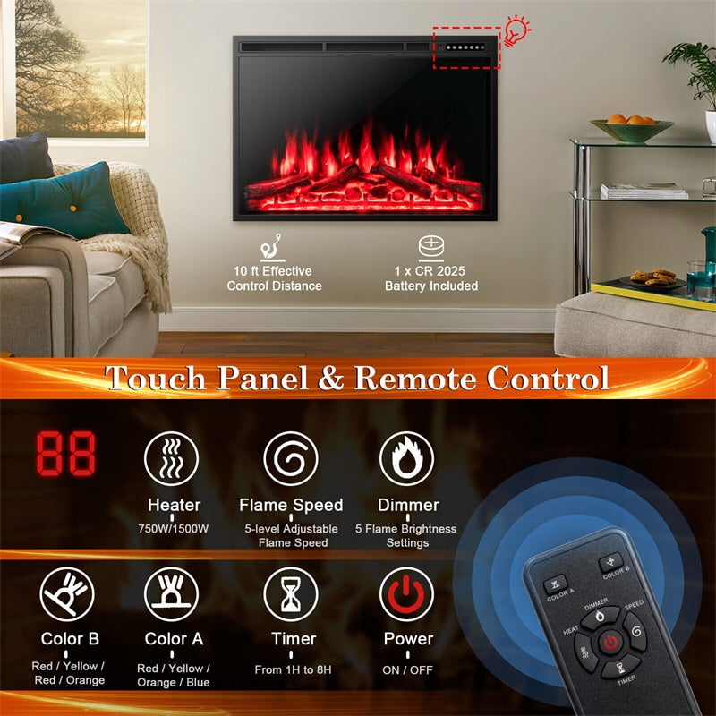 37" Electric Fireplace Insert Recessed Freestanding Fireplace Heater with Touch Panel, Remote Control & 4 Log Flame Effects