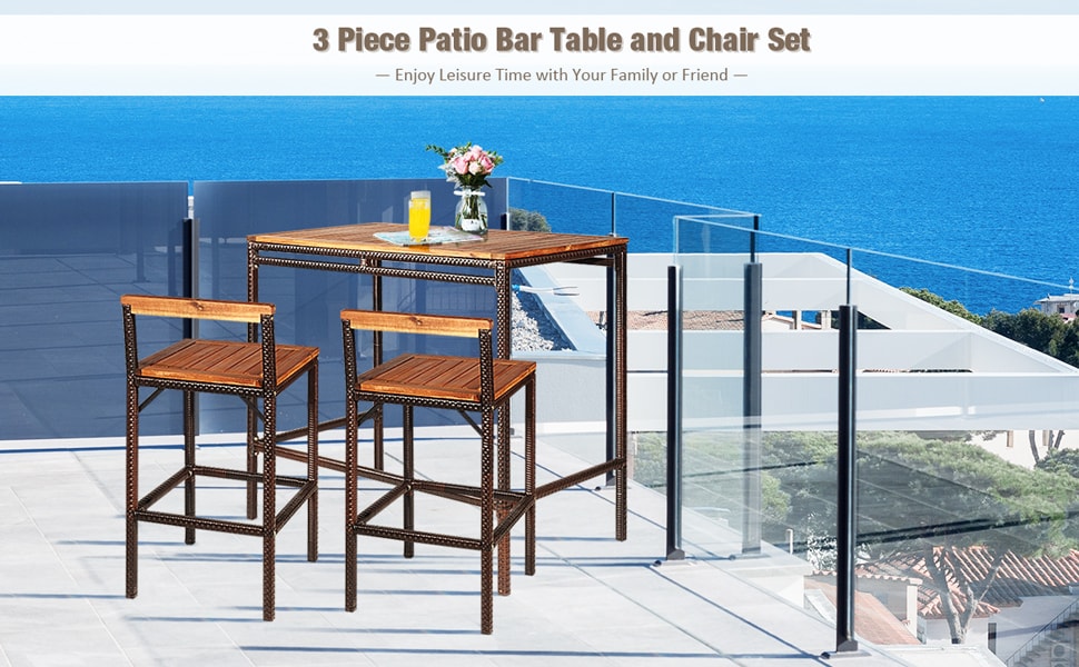 3 Pcs Outdoor Wicker Bar Height Bistro Set Patio Rattan Dining Furniture Set with Acacia Wood Tabletop & 2 Bar Stools