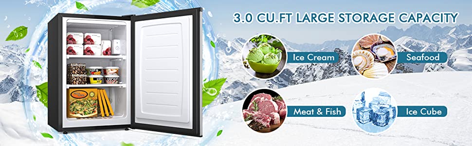 3 Cubic Feet Compact Upright Freezer with Reversible Stainless Steel Door for Home Office Apartment