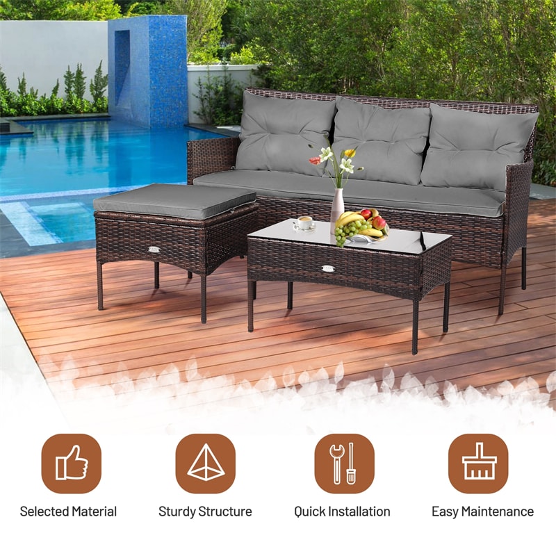 3 PCS Rattan Patio Conversation Set Outdoor Furniture Set w/Cushions